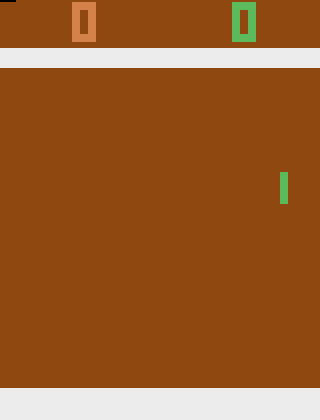 Atari Pong 的原始游戏画面。左侧橙色球拍是对手，右侧绿色球拍是智能体控制的一侧；上方左右两侧的数字分别对应双方得分。DQN 一开始看到的不是坐标表，而是这样的屏幕像素。